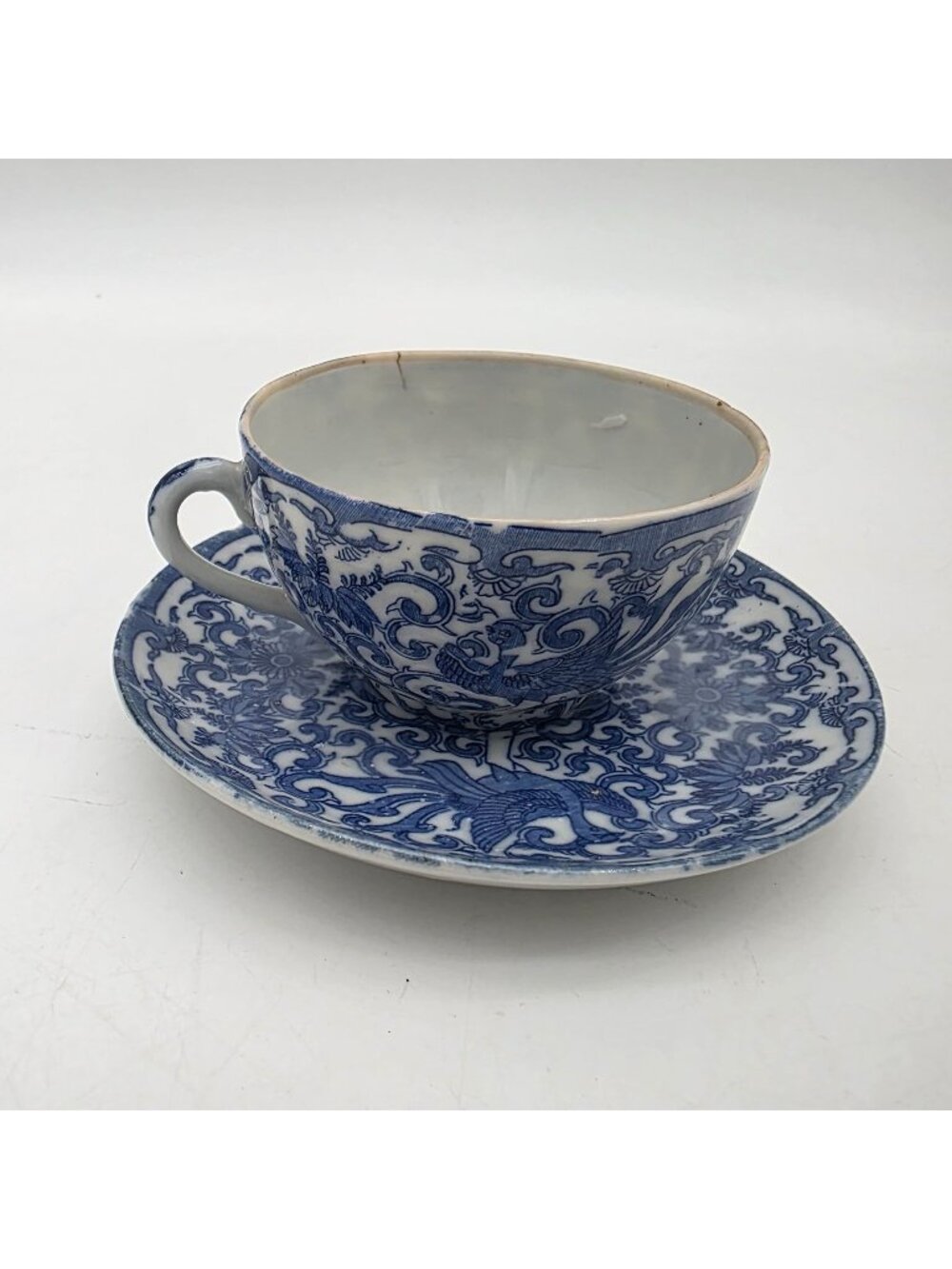 Antique Porcelain Cup and Saucer Pheonix Xuande Marked Demitasse Blue & White